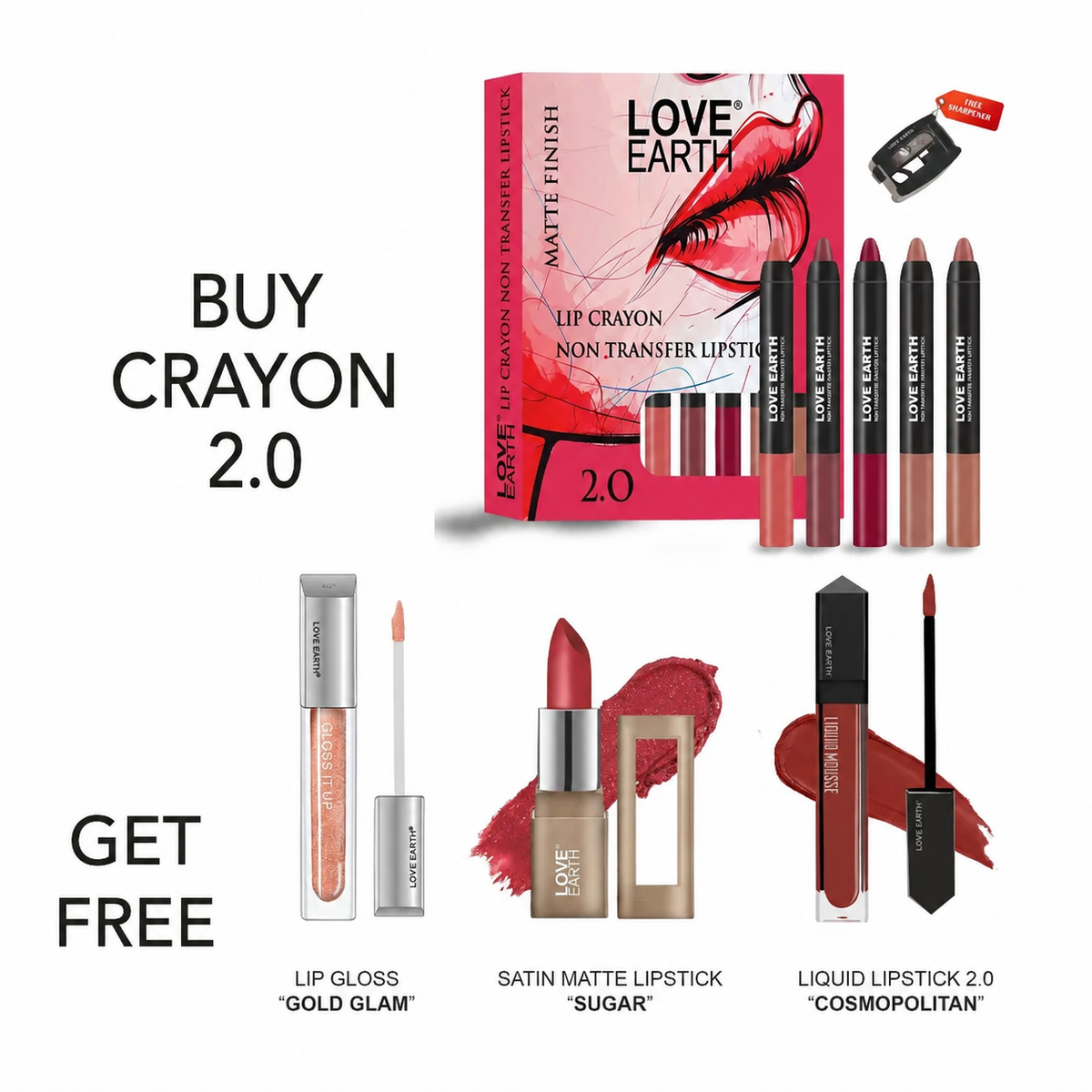 Lip Crayon -Lipstick 2.O ,Lip Gloss Gold Glam, Lipstick- Suger & Cosmopolitan